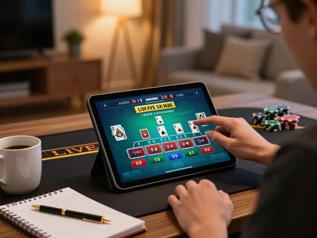 hubet player engaged in online blackjack strategy at home with tablet and notes