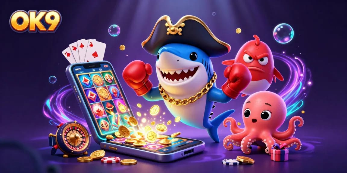 Engage with exciting games at OK9, featuring a cartoon pirate shark, pufferfish, and octopus in a vibrant casino-themed scene.