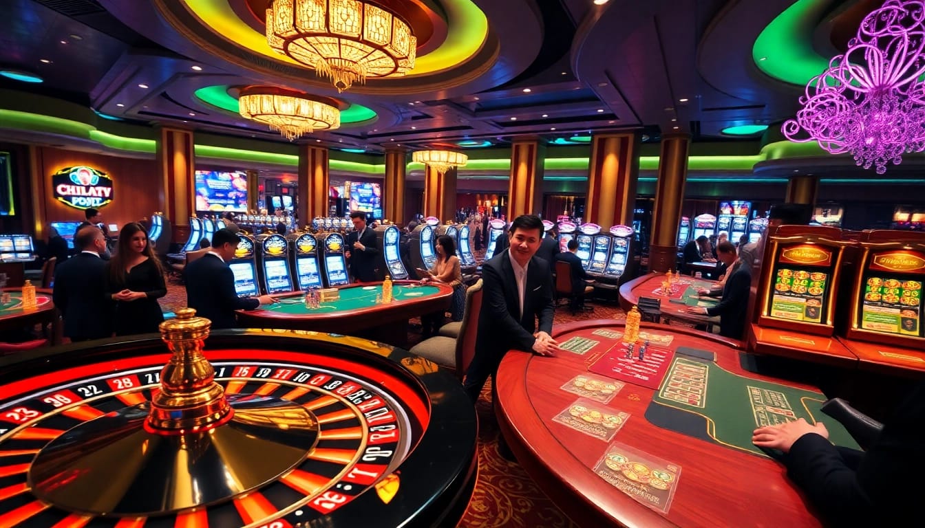 Cakhiatv engaging high-stakes gamblers at a luxurious casino featuring roulette and poker tables.