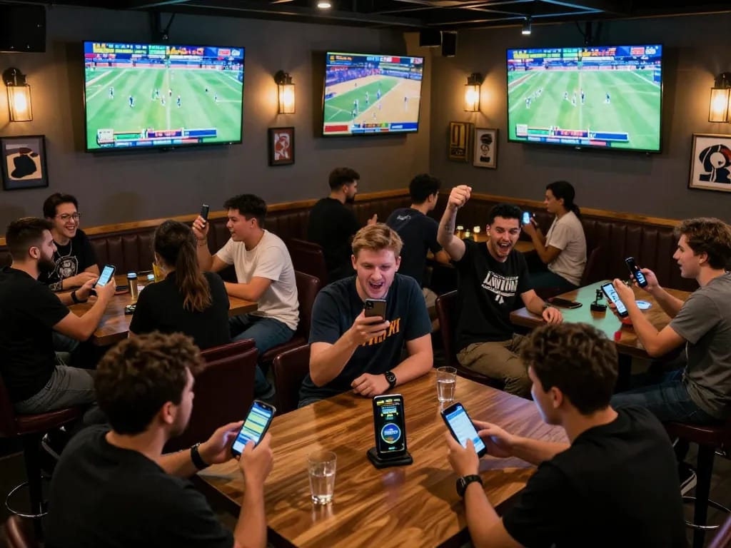Sports betting excitement at MM88 with friends celebrating winning bets in a lively sports bar atmosphere