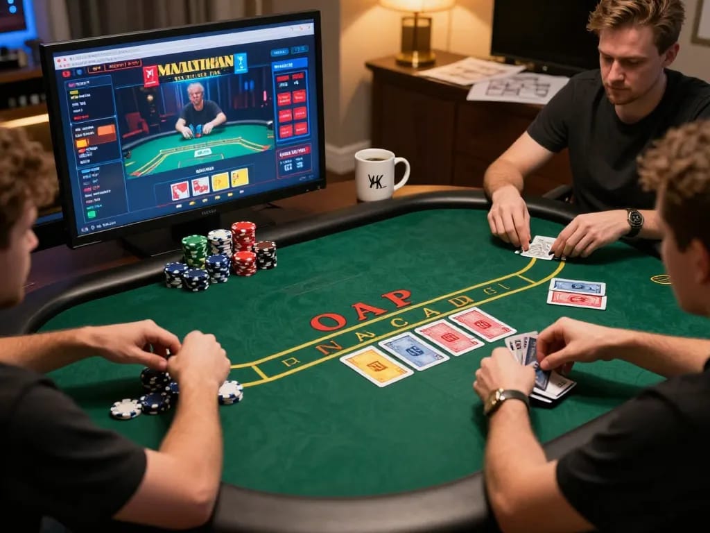 fly88 home gaming setup showing poker gameplay with engaged player and strategy notes