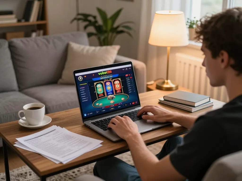 Player enjoying online casino gaming on vuabet88, cozy home setting with strategy notes and warm lighting.