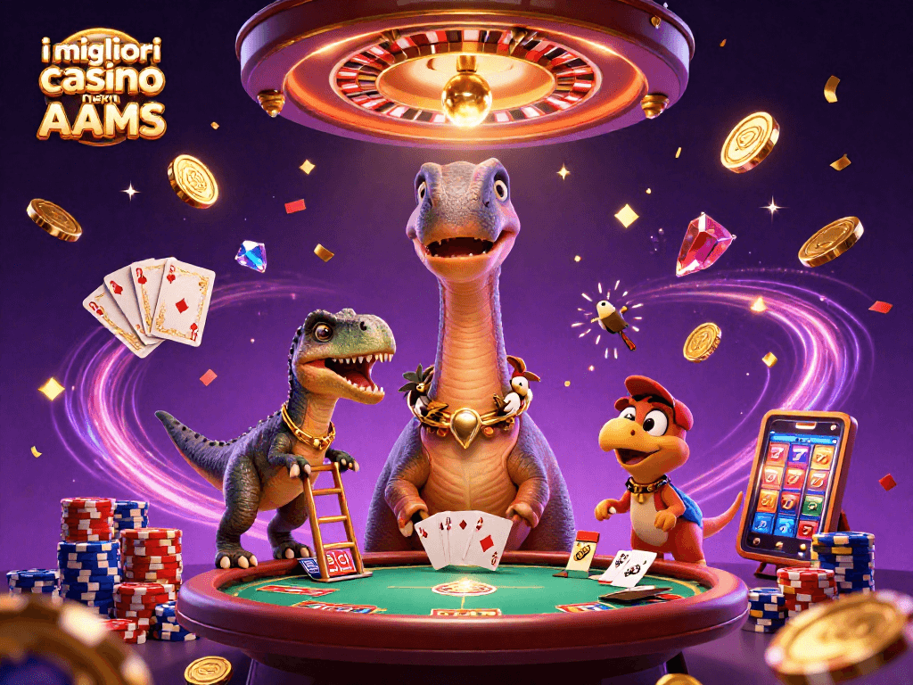 I migliori casino non AAMS: Un brontosauro gigante guarda un tavolo da poker mentre un raptor distribuisce carte in un vivace casino.