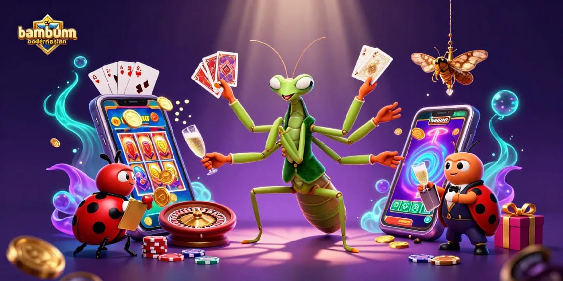 Bambumodernasian casino scene featuring a mantis dealer and ladybug pit boss amidst vibrant slot games.