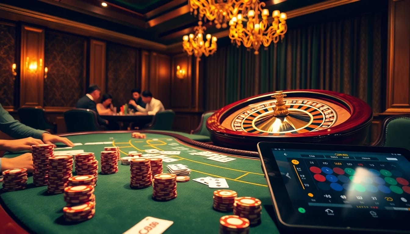 Experience excitement in a luxurious casino with CM88 poker games and vibrant chips.