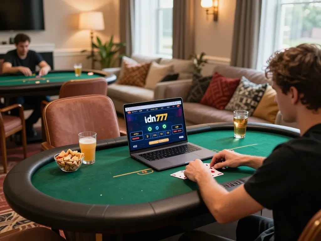 Pemain menikmati permainan poker online di idn777 sambil menyantap camilan di rumah yang stylish.