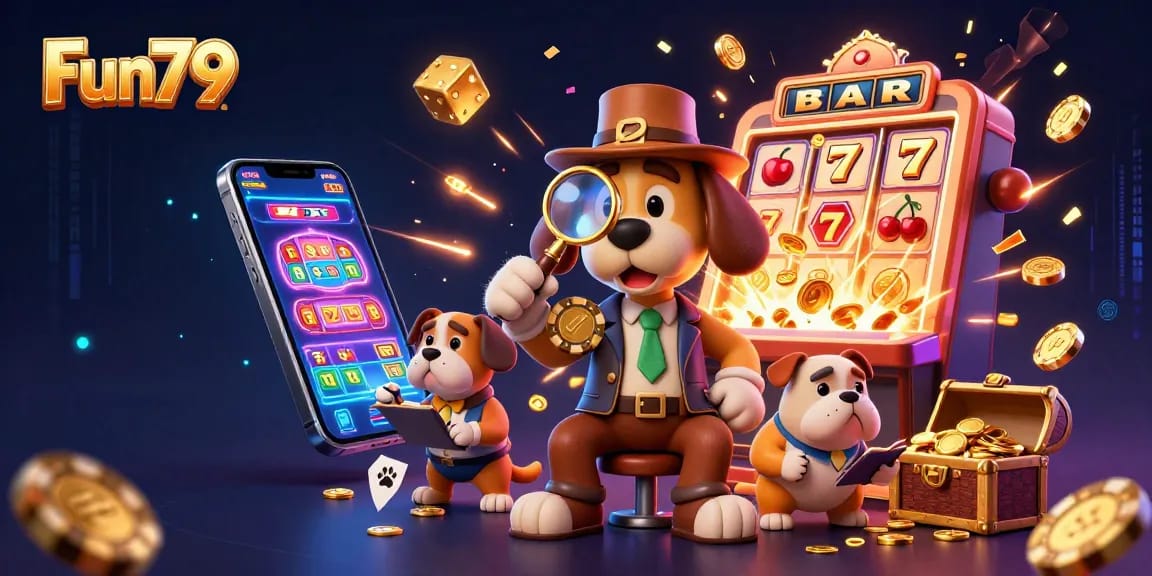 Embark on an adventure with Fun79 as characters discover clues in a vibrant casino setting.