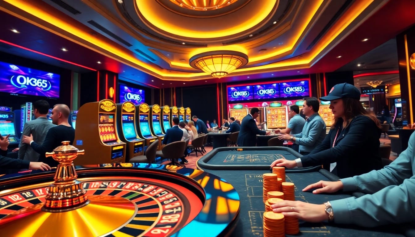 Engaging scene of online gambling at OK365 with poker chips and roulette wheel.