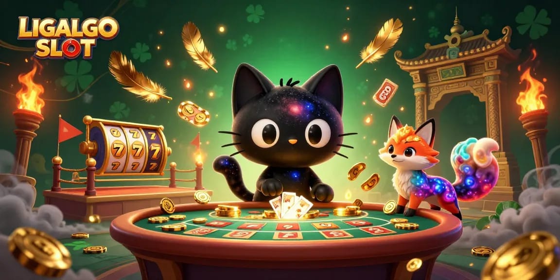LIGALGO SLOT showcases an engaging 3D casino scene with a cosmic cat and colorful fox championing slot gaming.