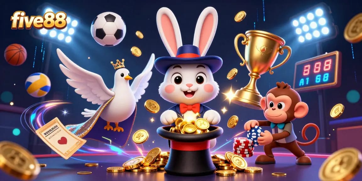 Experience excitement at five88 with a charming magician rabbit and festive gambling elements.