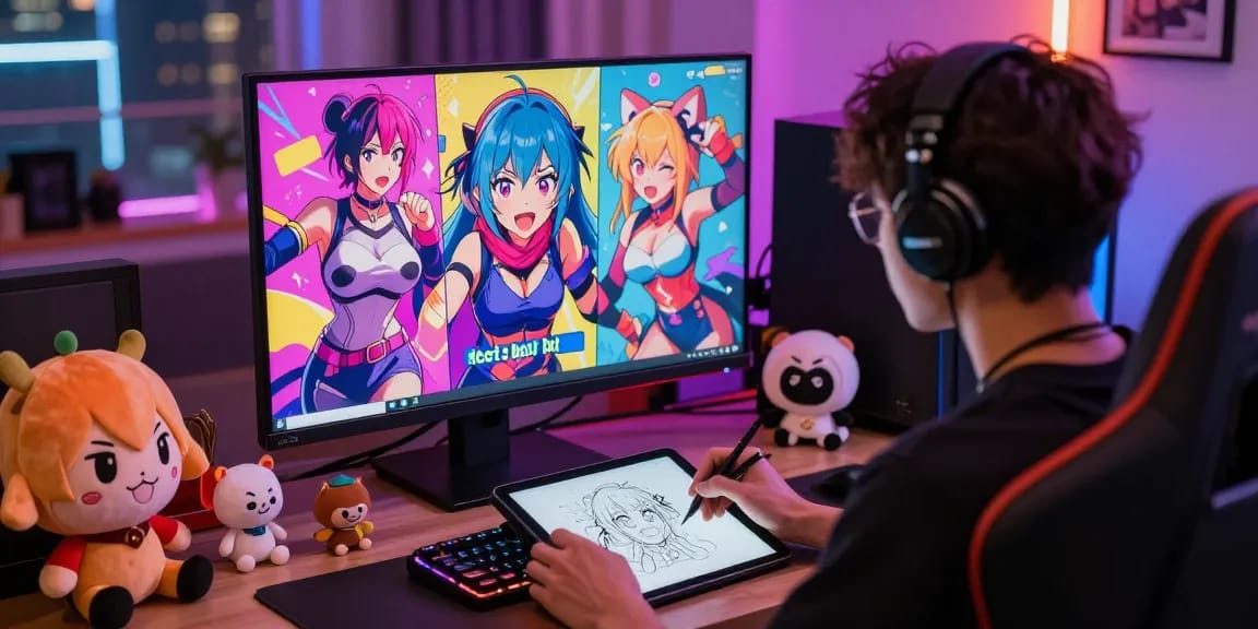 User interacting with an ecchi bot on Discord, showcasing colorful animated characters and lewd artwork in a vibrant gaming setup.