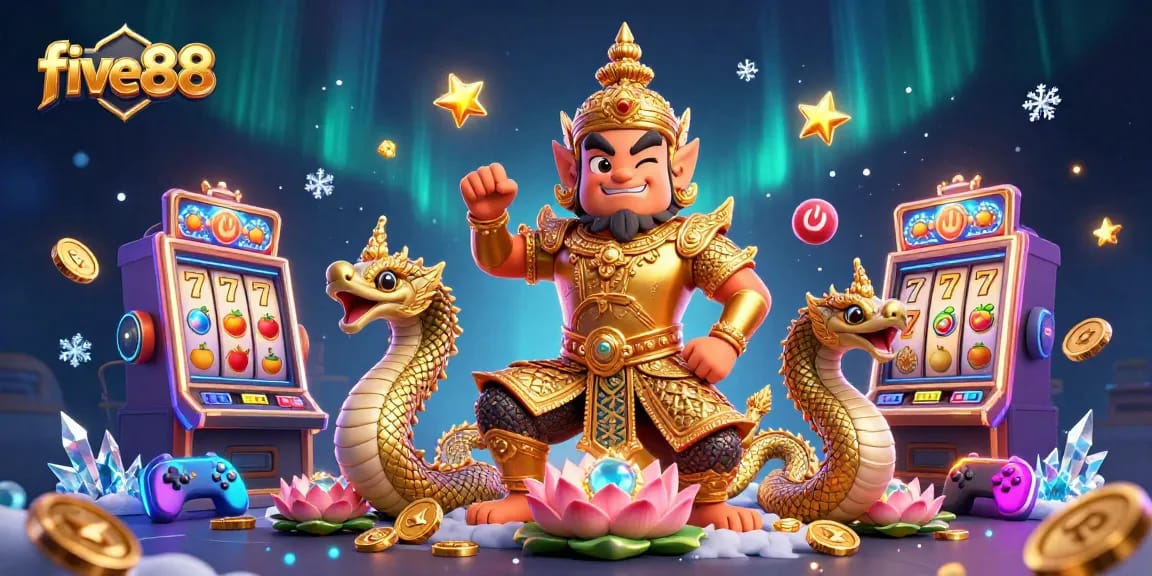 Experience the excitement at five88 with captivating slot machines, golden coins, and a playful temple guardian.