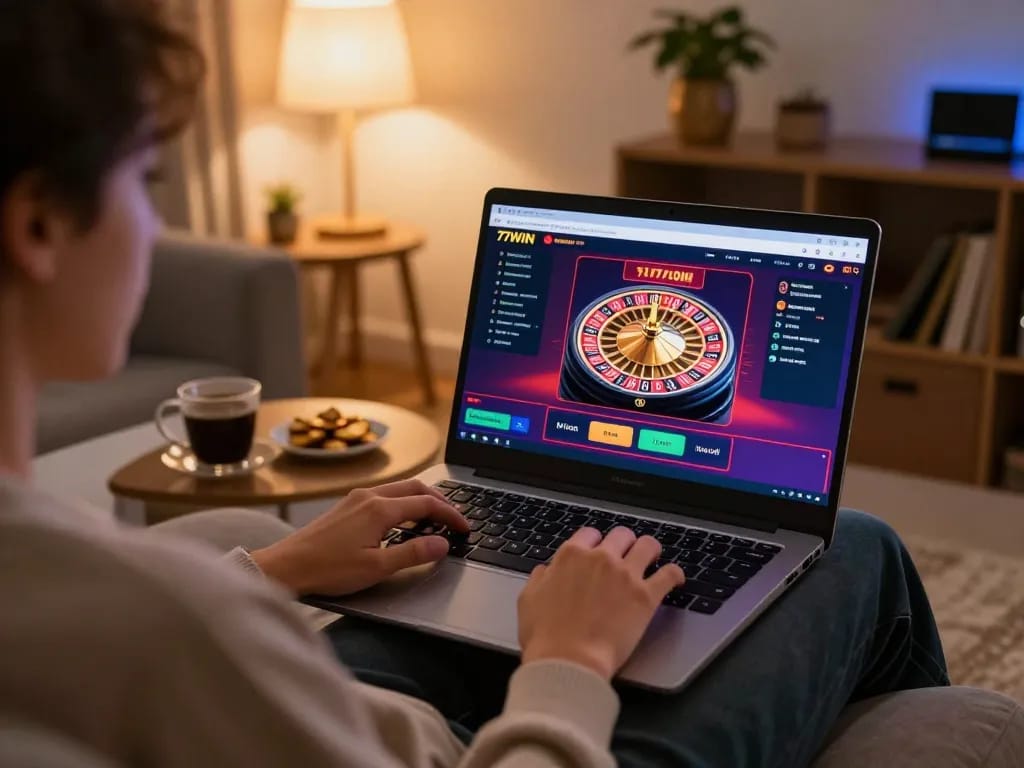 Engaging player using 77WIN for online roulette in a cozy living room.
