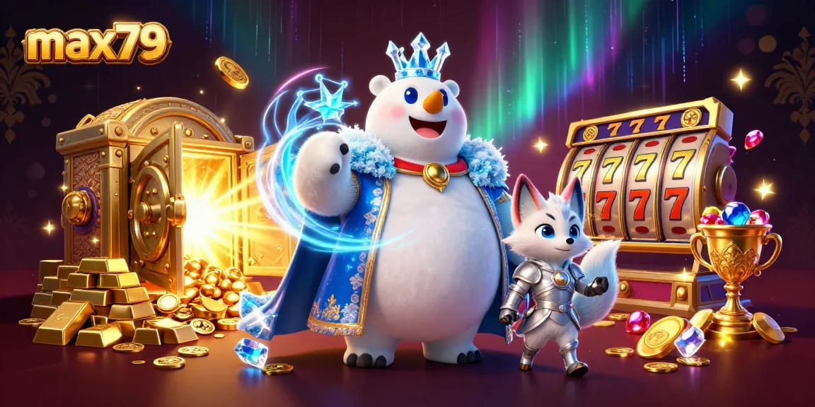 Engage in thrilling gameplay at max79 with a majestic polar bear and fox amidst vibrant casino treasures.