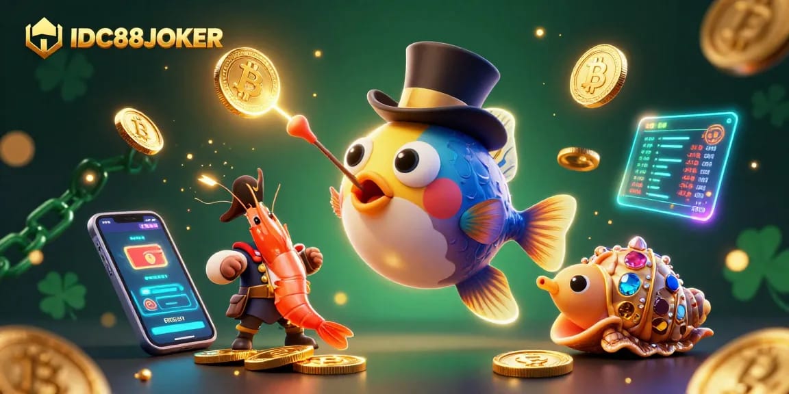 Engage in thrilling gameplay with IDC88JOKER, featuring a vibrant 3D illustration of fortune-hunting sea creatures.
