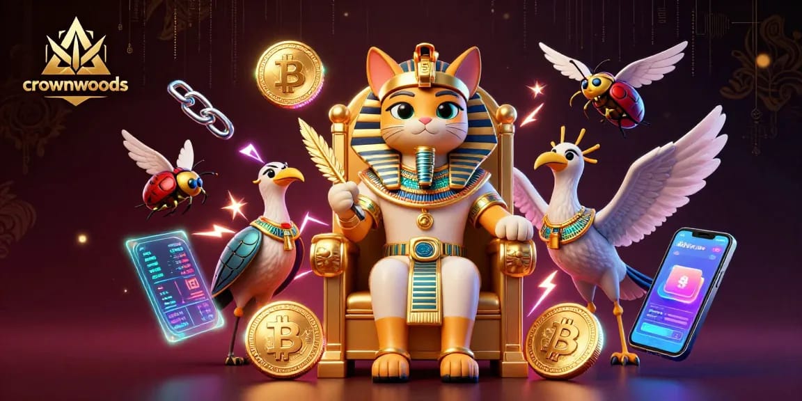 Crownwoods showcases a vibrant 3D casino scene with an Egyptian pharaoh cat and crypto elements, capturing thrilling gaming energy.