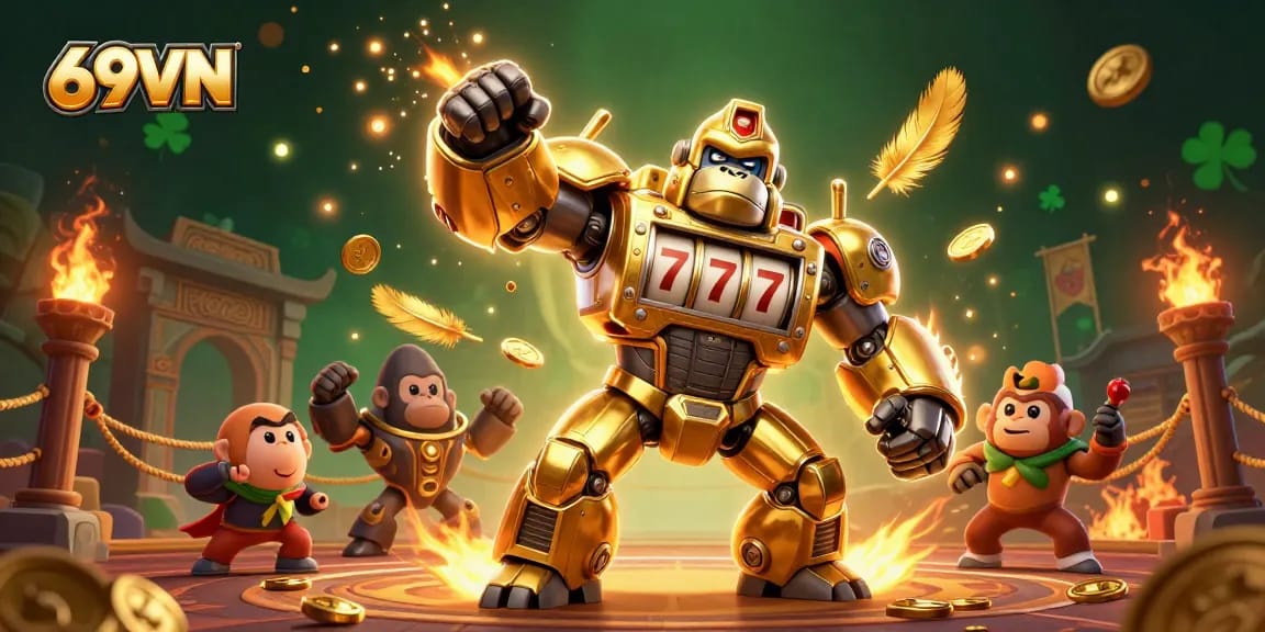 Experience the vibrant gaming action of 69VN with a unique gorilla mech and dynamic casino elements.