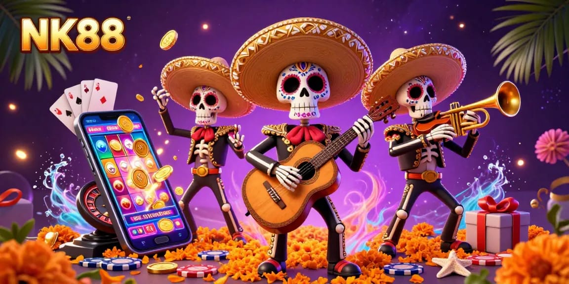 Experience vibrant gaming fun at NK88 with a lively mariachi band and exciting casino elements!