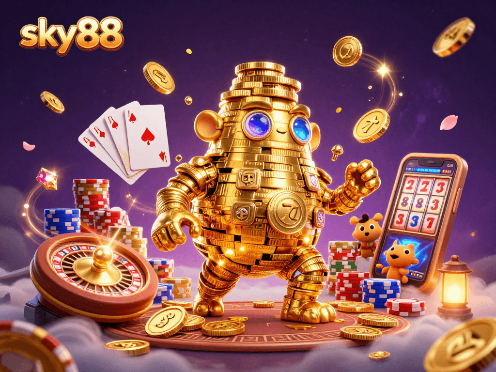Experience the excitement of sky88 with its dynamic golden golem and casino elements bursting in a vivid illustration.