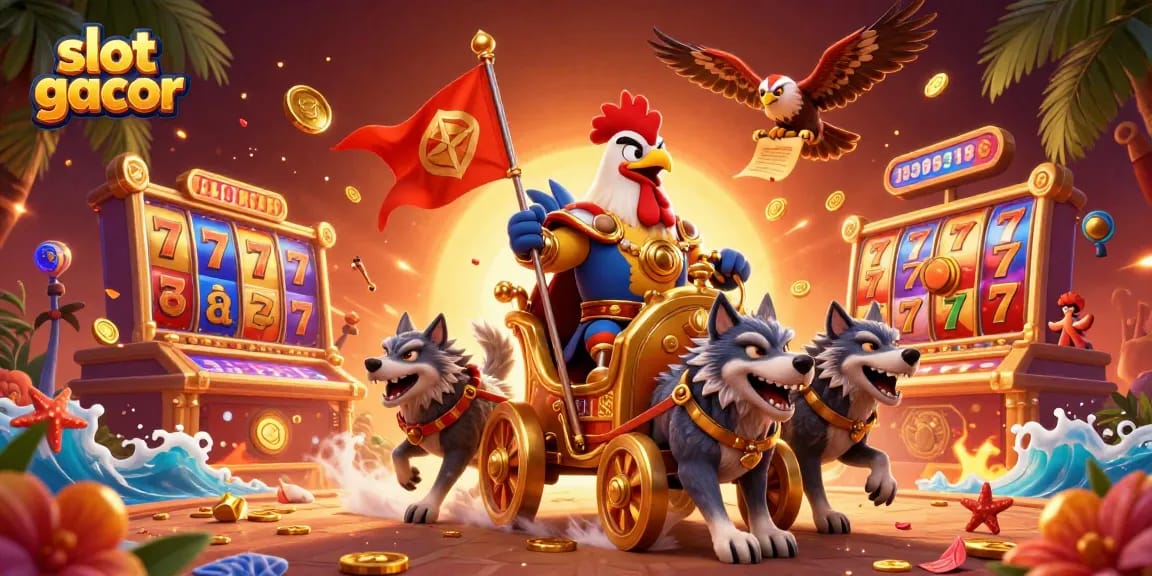 Experience the thrill of slot gacor with a vibrant 3D scene featuring a rooster warlord and dynamic elements.