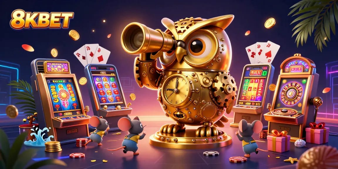 Experience the thrill of 8KBET with a vibrant casino scene featuring a golden owl, lively games, and exciting rewards.