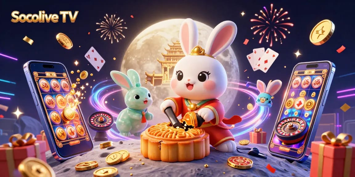 Socolive TV showcases the moon rabbit celebrating with golden mooncakes and poker chip surprises.