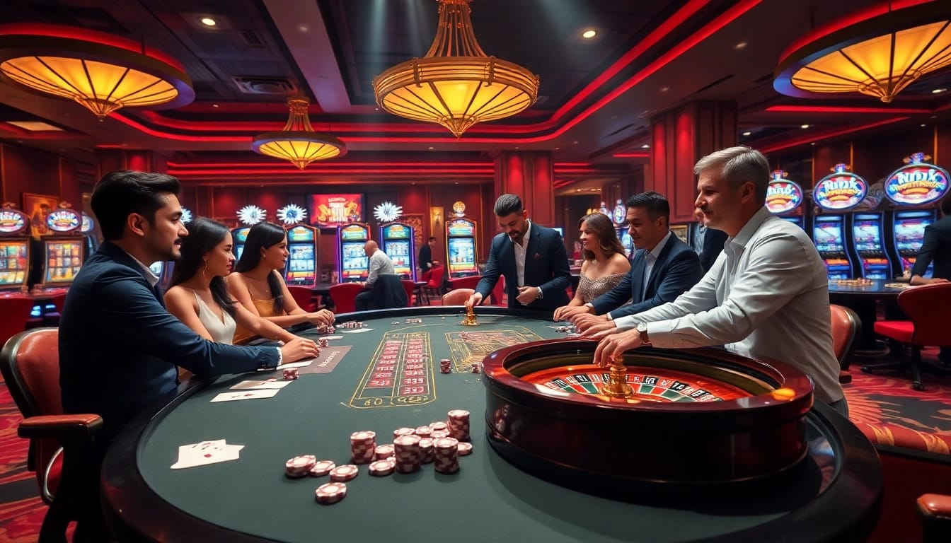 F168 engaging players at a luxurious casino roulette table surrounded by vibrant slot machines.