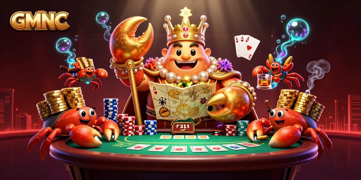 GMNC showcases a golden crab emperor amid colorful poker chips and cards, exuding a vibrant casino atmosphere.