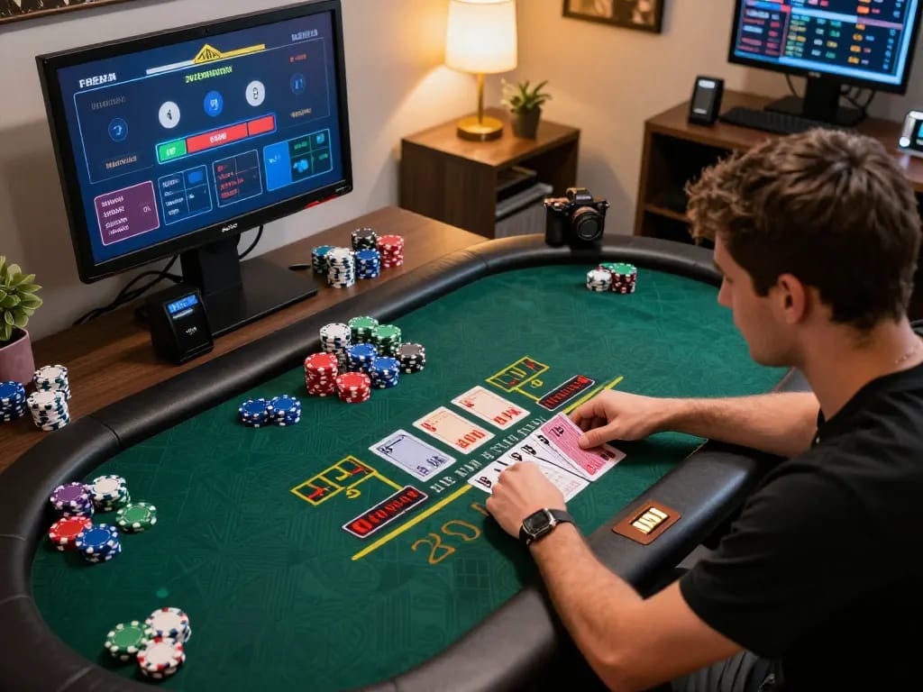 Player enjoying an immersive online casino experience at NK88 with live blackjack action and colorful chips