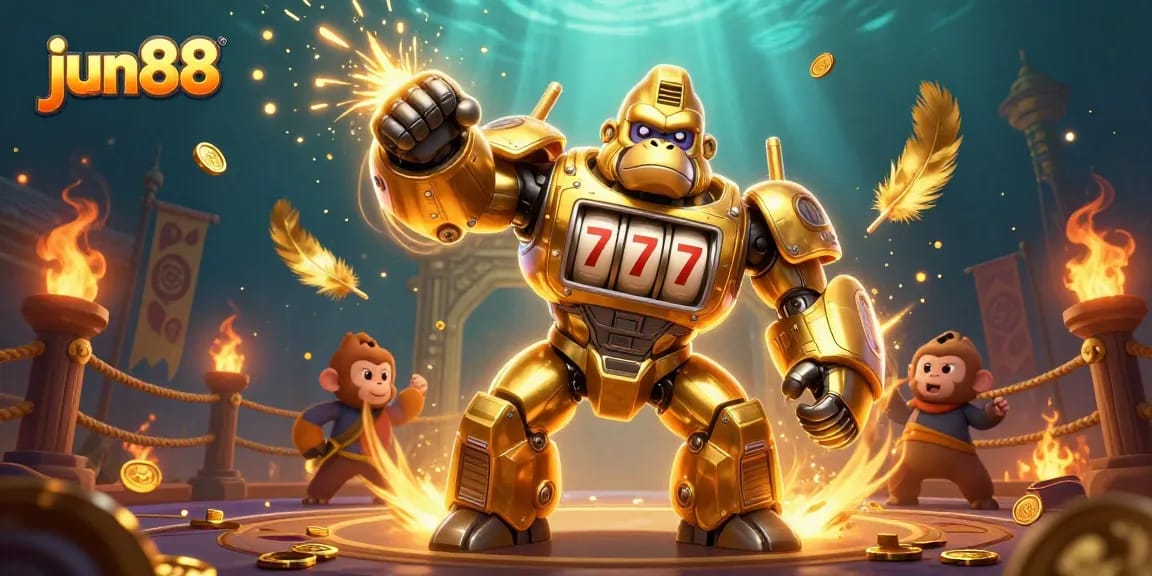 Experience excitement with jun88's dynamic 3D casino scene featuring a golden gorilla mech.