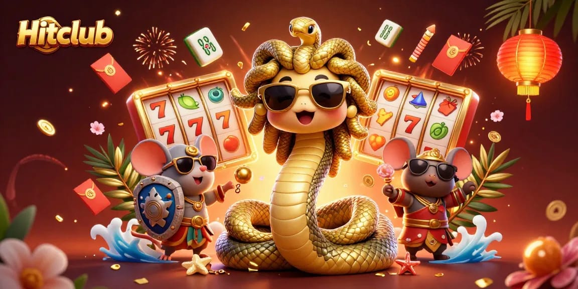 Hitclub showcases a lively 3D casino scene with Medusa, a warrior mouse, and slot reels.