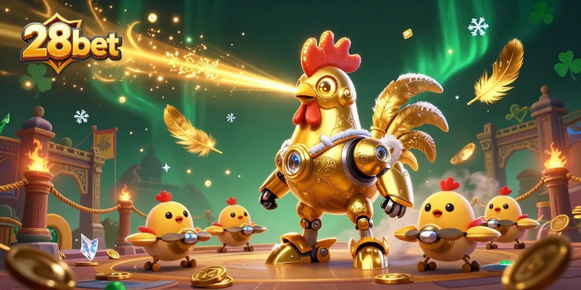 Experience thrilling gameplay with 28bet's golden rooster robot and dynamic casino elements.