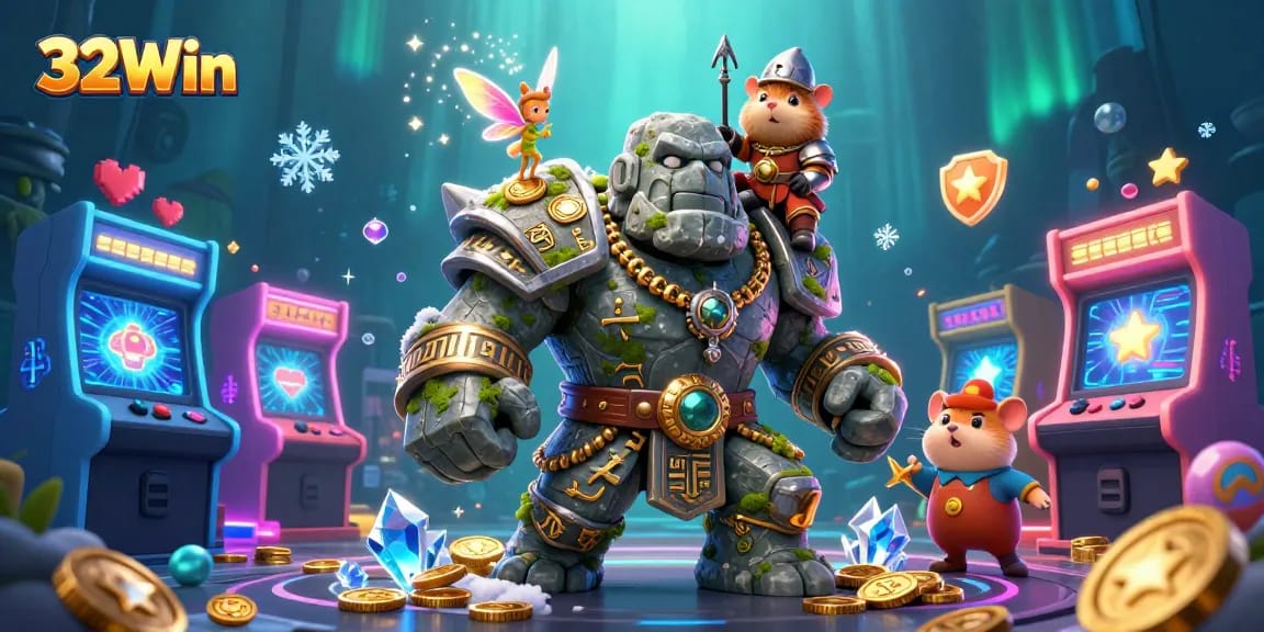 Engage with 32Win's vibrant casino world, featuring dynamic characters in an enchanting 3D setting.