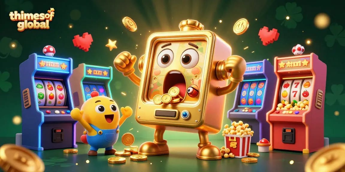 Experience thetimesofglobal excitement as golden slot machines hit jackpots in a lively casino scene.