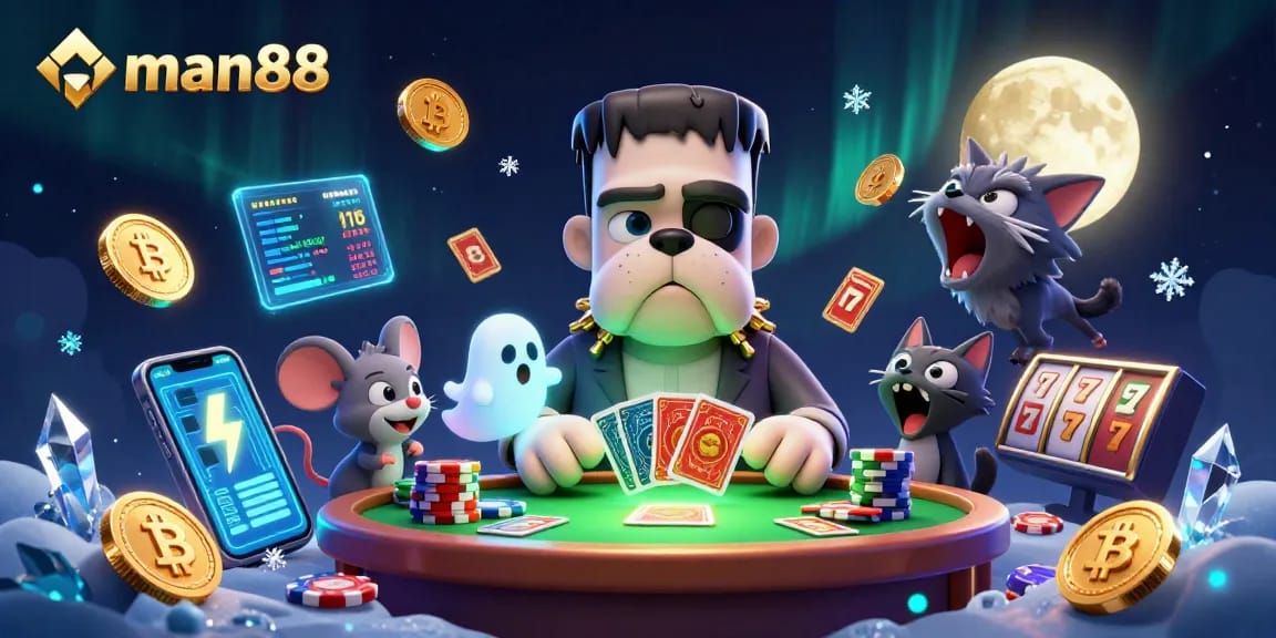 Engage in thrilling gameplay with man88 featuring a spooky casino scene, vibrant characters, and crypto elements.
