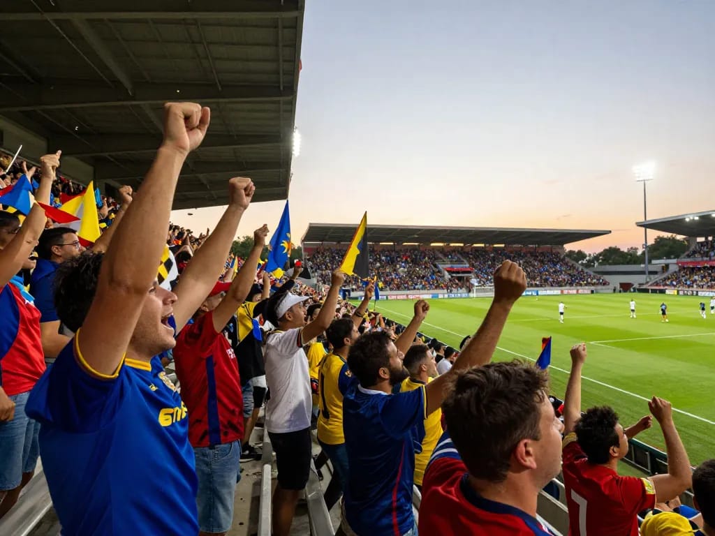Nowgoal fans celebrating a goal at a vibrant football match, capturing excitement and community spirit.