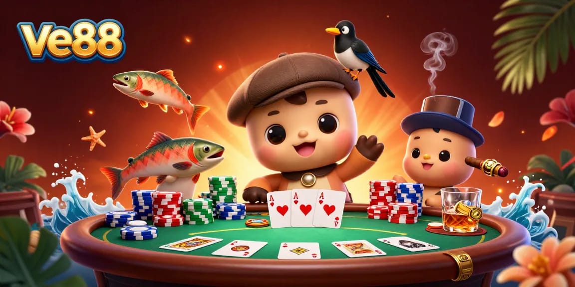 Engage with ve88 in an ultra-detailed casino scene filled with vibrant characters and rich gambling elements.