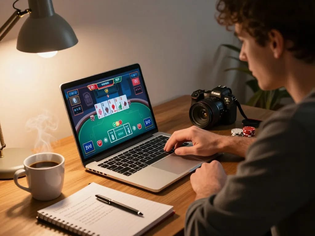 Nyonya9 user focusing on online poker strategy while engaged at home, showcasing responsible gaming.