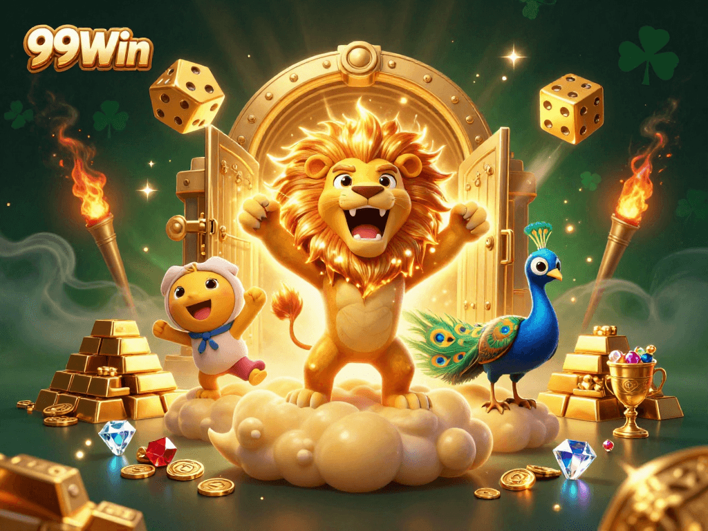 Win big at 99Win with a vibrant 3D illustration of fortune and fun in a casino theme