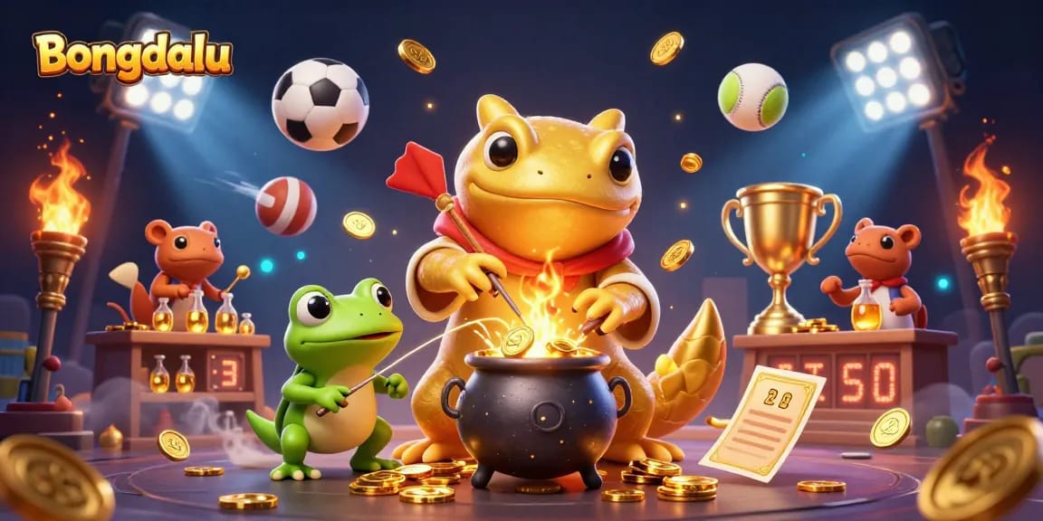 Bongdalu's vibrant 3D cartoon scene showcases a golden salamander alchemist and dynamic sports elements.