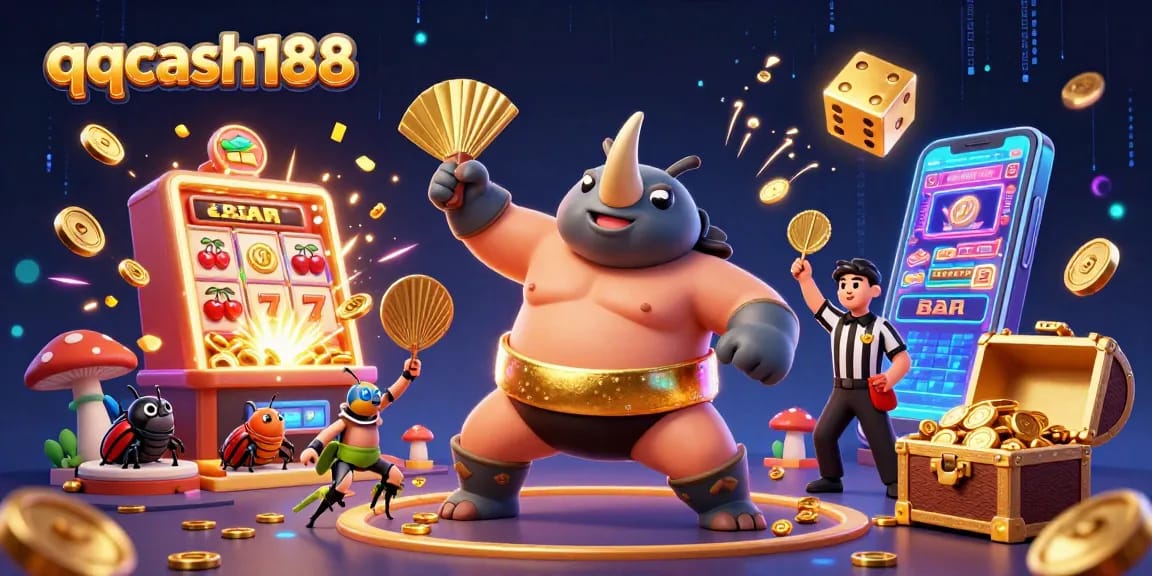 Experience thrilling jackpots with qqcash188 featuring a cartoon beetle champion amidst vibrant casino elements.