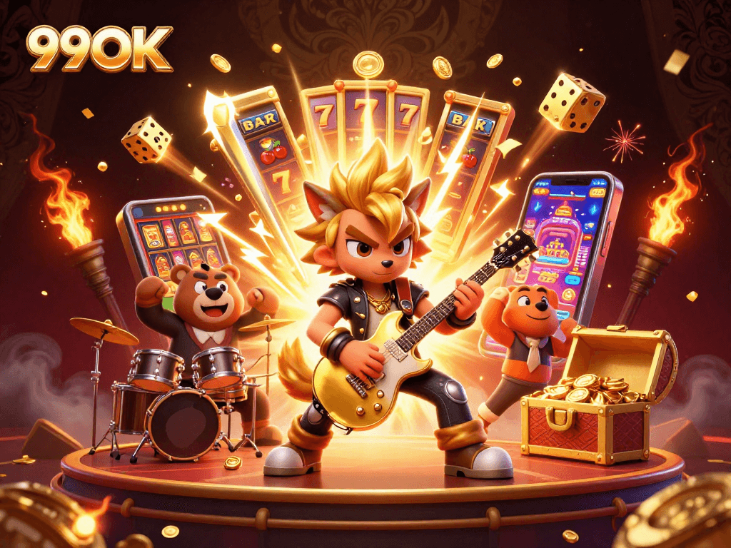 Experience the thrilling 99OK gaming adventure with a rock star wolf shredding tunes on a vibrant casino stage.