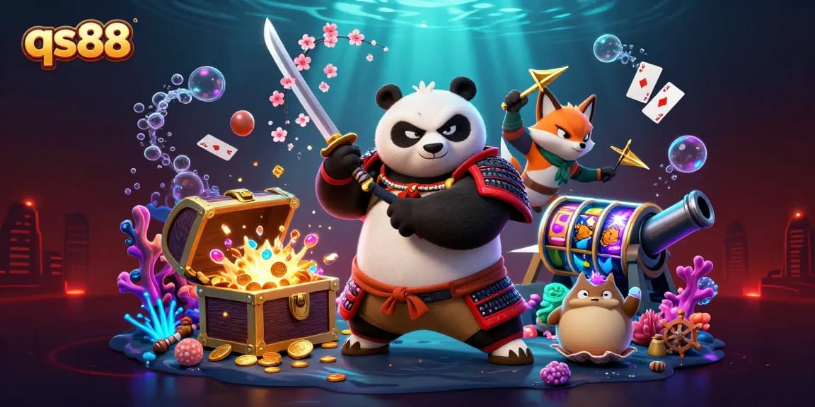 Engage with qs88 through a fierce panda samurai amidst floating poker cards and slot reels.