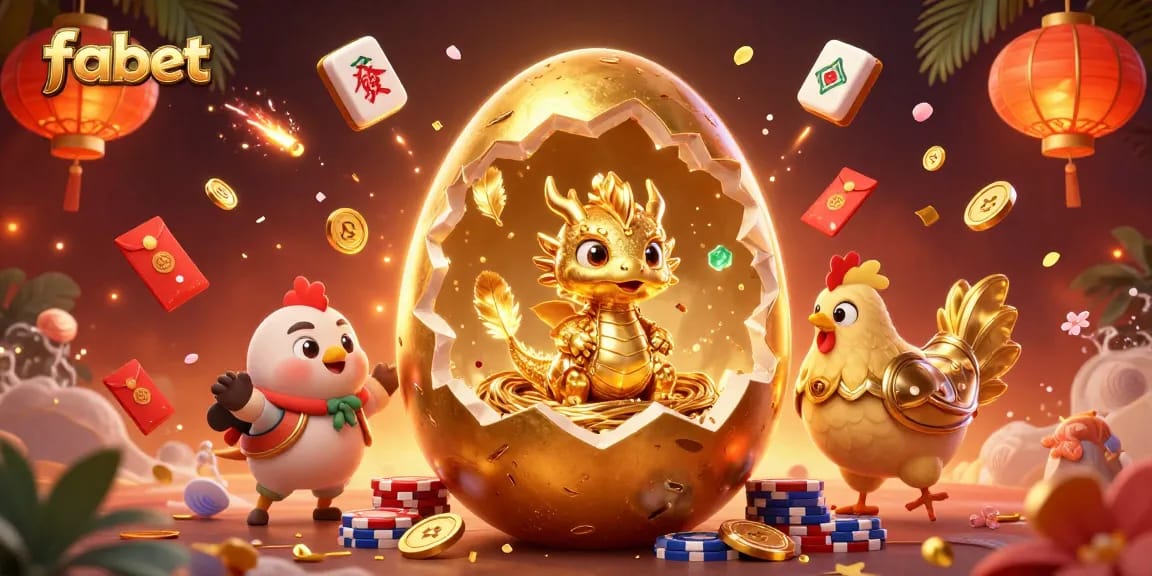 Experience exciting wins with fabet as a golden dragon emerges from a winning golden egg, surrounded by vibrant casino elements.