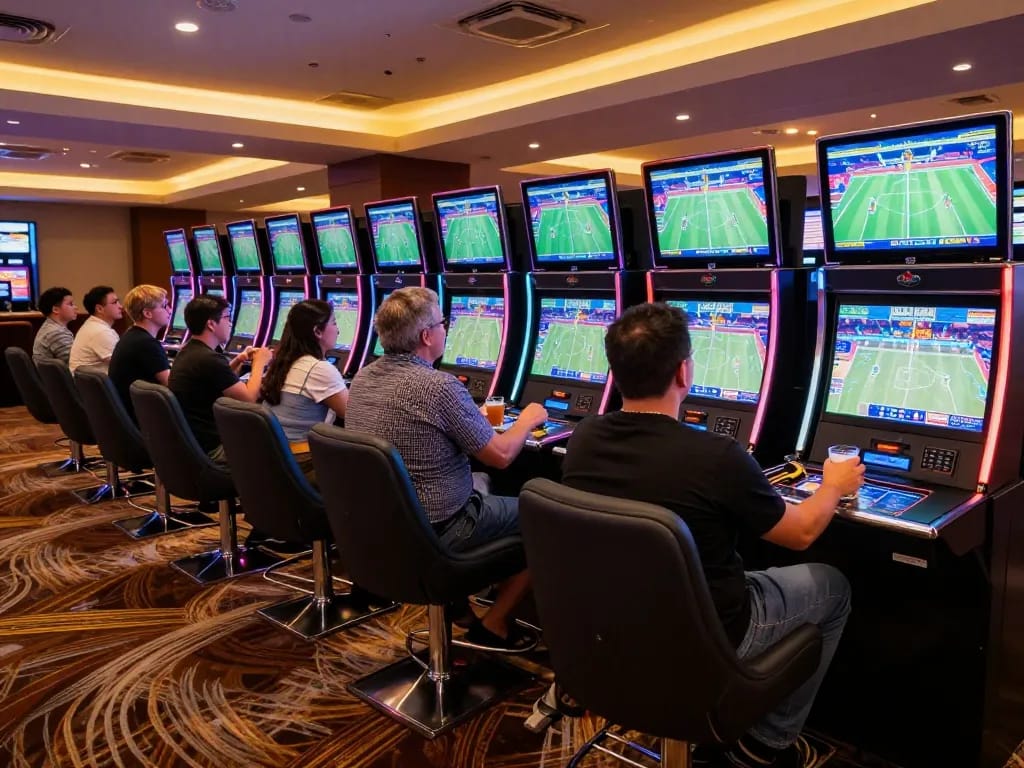 bl555 patrons engaged in sports betting at a modern lounge with active screens and vibrant atmosphere.