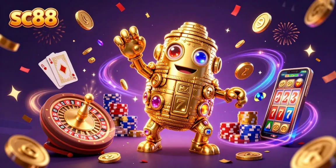 Experience the excitement of sc88 with a vibrant 3D casino scene showcasing a golden golem surrounded by dynamic game elements.