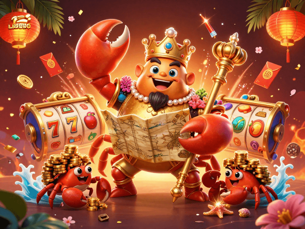 LIGALGO engages players with a captivating 3D illustration of a royal crab emperor amidst slot machines and gold.
