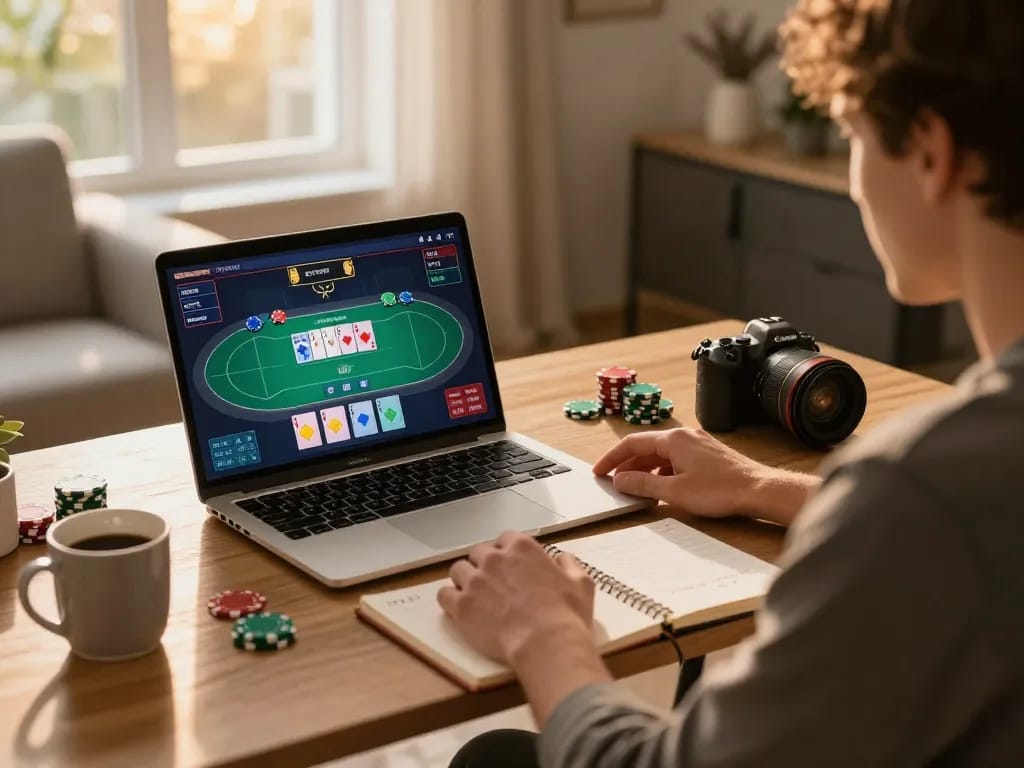 Player immerses in J188 online poker gameplay in a cozy home setting, showcasing a strategic atmosphere.