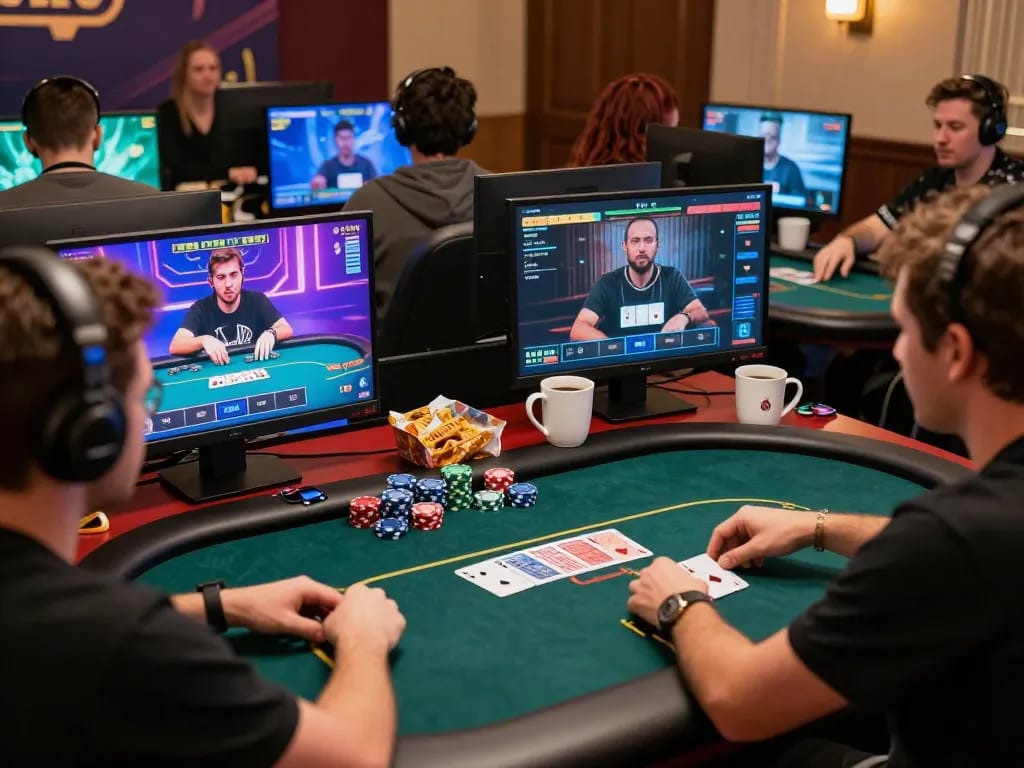 Duitgini gaming scene with players immersed in an online poker game, showcasing excitement and strategy.