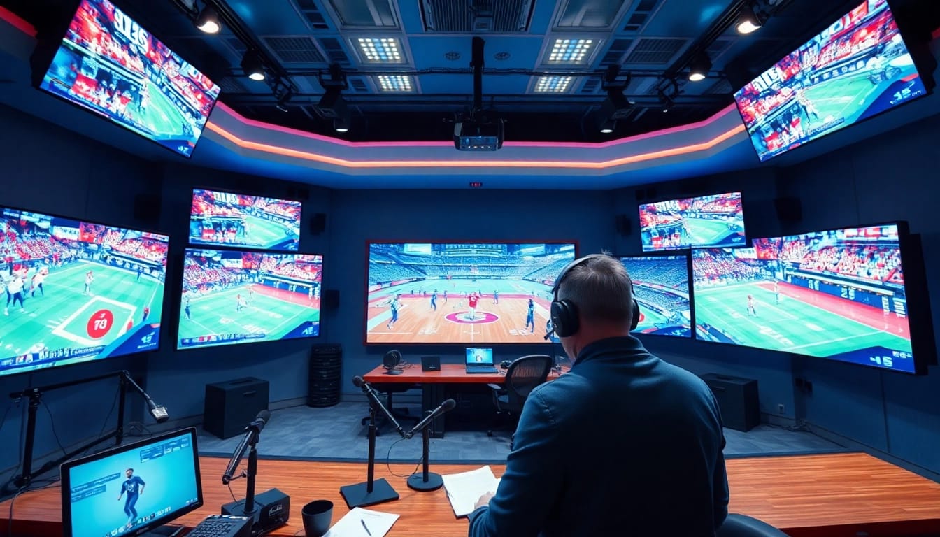 Engaging sports broadcasting setup showcasing live sports action with commentators in action.